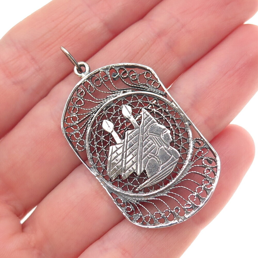 925 Sterling Silver Vintage Egyptian Pyramid Filigree Oxidized Charm Pendant